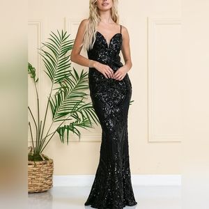 Black,emerald green, blue sheath sequin lace stretch long gown